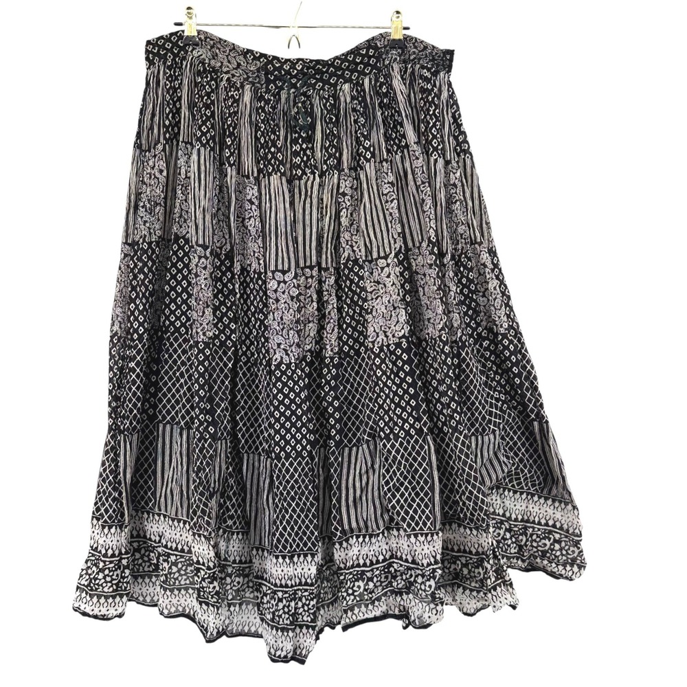 Women One Size Black White Cotton Patchwork Block Print Maxi Skirt Vintage Flowy